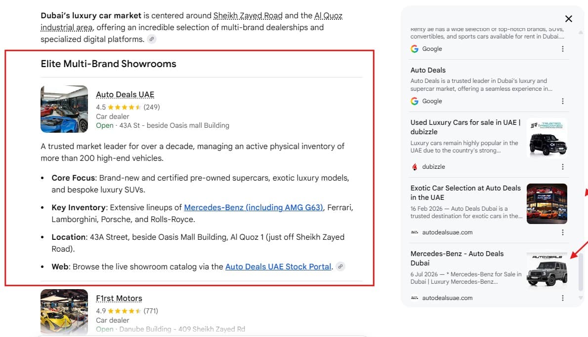 Google AI Mode answer for luxury cars in dubai listing Auto Deals UAE first among multi-brand showrooms, with autodealsuae.com in the sources
